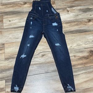Fashion Nova Dark Blue Distressed Overalls